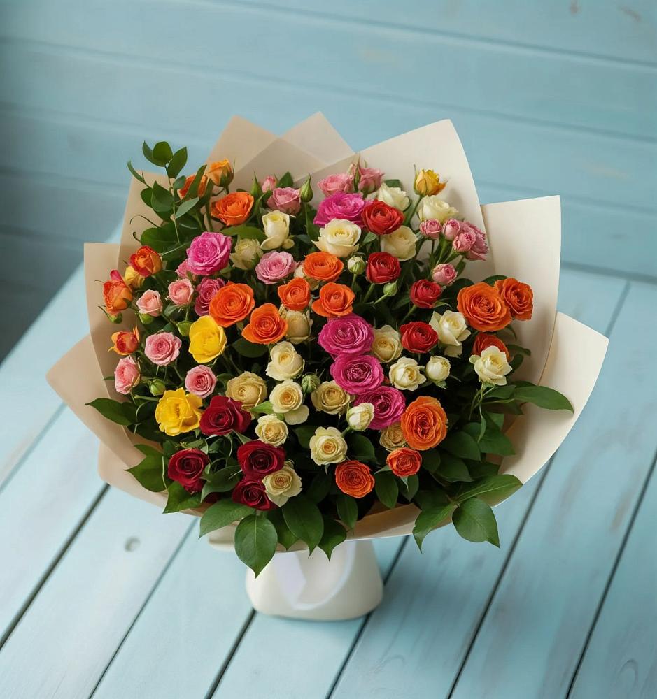 Букет Микс из разноцветных кустовых роз в Вознесеновке
