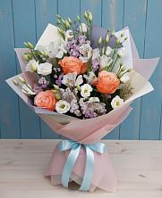 Букет цветов из:  Лизиантусы, Розы, Альстромерии и Гипсофила в Вознесеновке